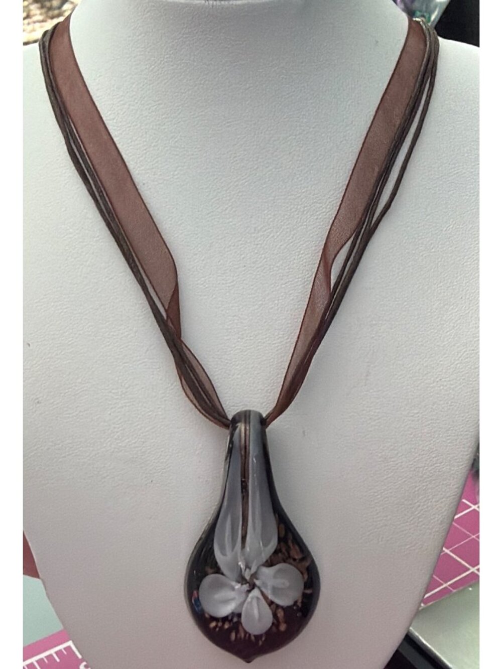 Murano Glass Teardrop Pendant Necklace Brown Ribbon Lilies Flowers Adj 18"